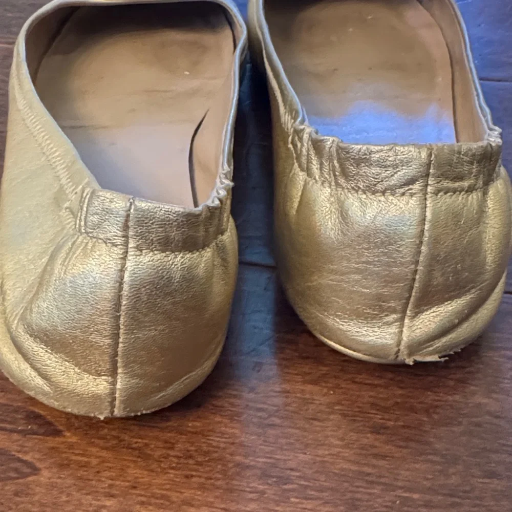 Tory Burch Minnie Travel Ballet Flats Gold Metallic Logo Leather Size 7 Packable